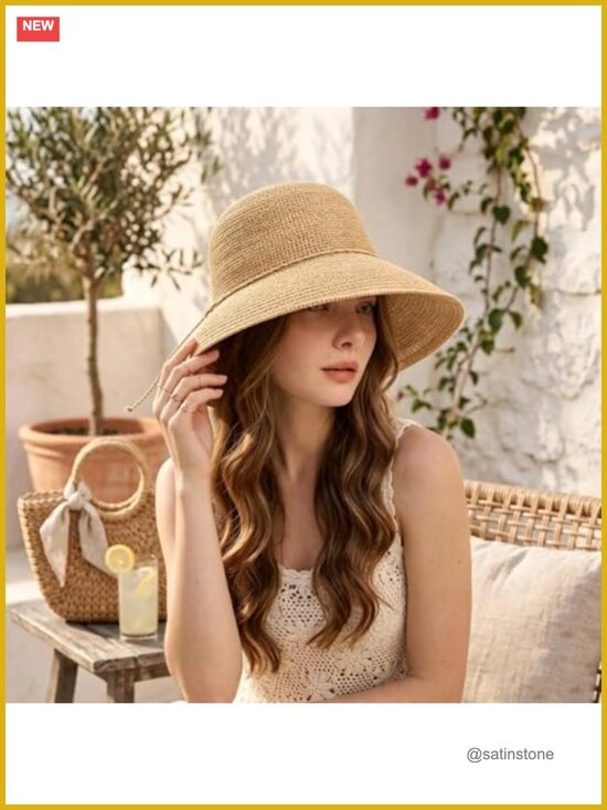 Natural Raffia Straw Bucket Hat Handwoven Wide Brim Sun Hat Foldable Floppy